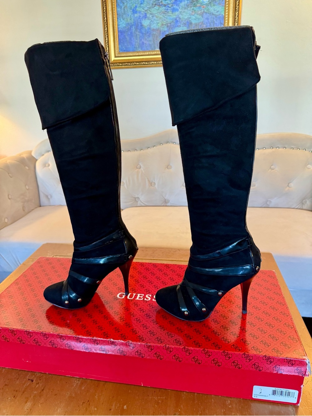 Guess Black GWOGDENSLY Over-the-Knee Faux Suede Stiletto Boots w/ Leather Straps